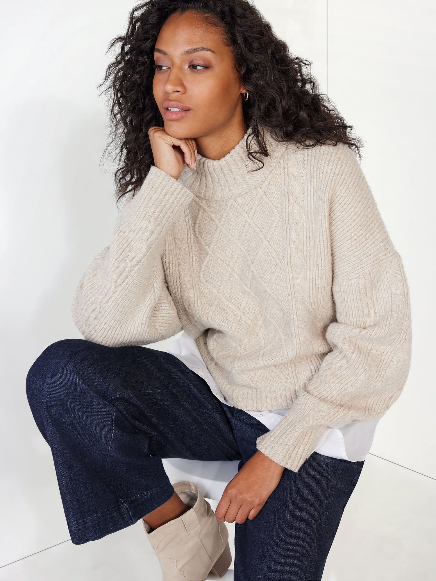 Time and Tru Women's Cable Knit Poplin Layer-Look Sweater, Sizes XS-XXXL | Walmart (US)