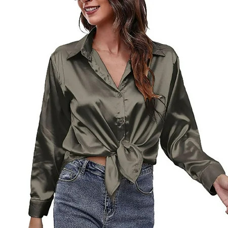 JGGSPWM Womens 2022 Fall Fashion Satin Shirts Solid Bowknot Front Blouse Lapel Long Sleeve Button Tu | Walmart (US)