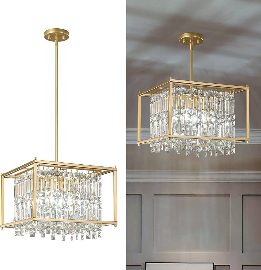 LMQNINE Modern Foyer Chandelier, Gold Crystal Chandelier Entryway Pendant Light Fixture, Square A... | Amazon (US)