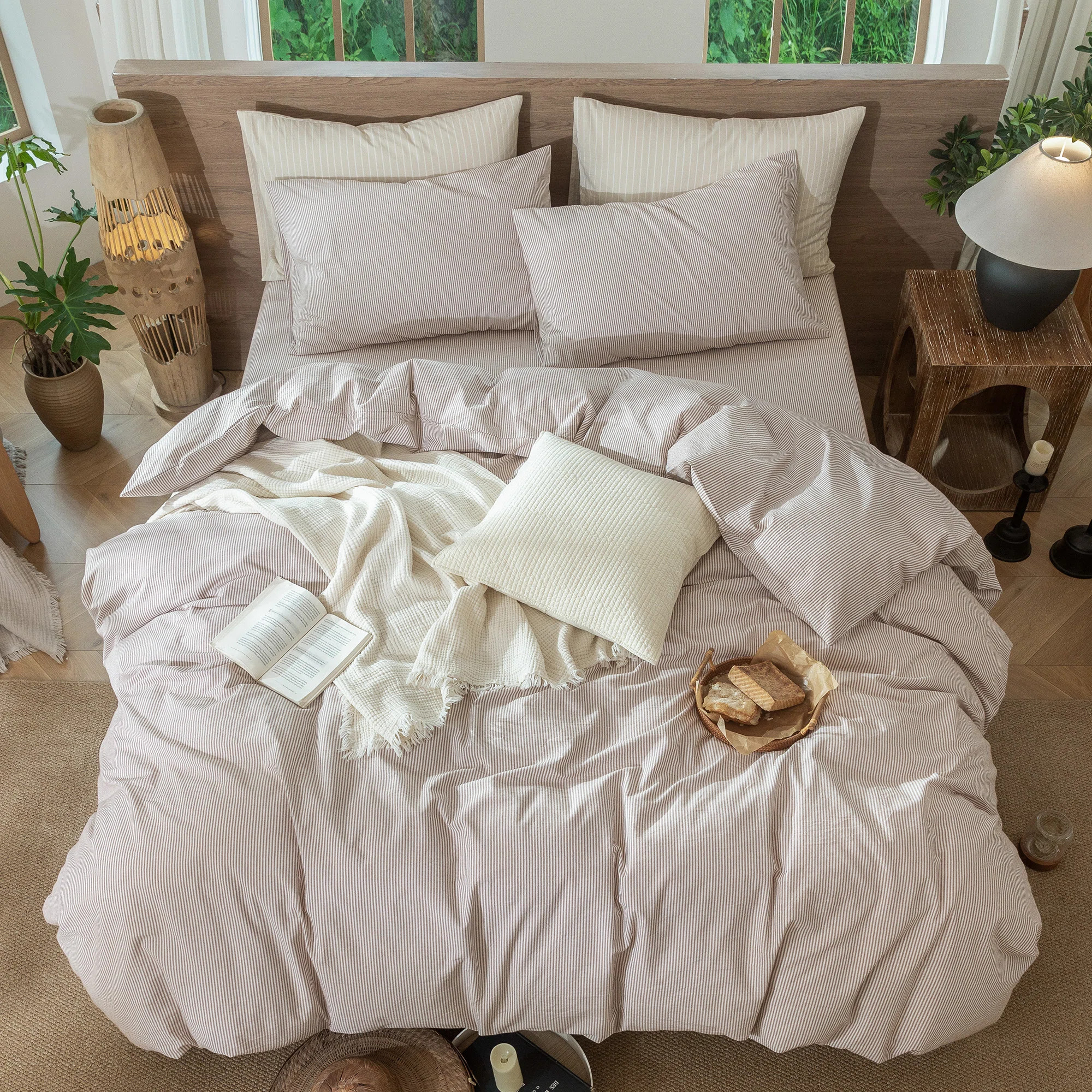 MooMee Striped Duvet Cover Set 100% Washed Cotton Linen Like Textured | Wayfair North America