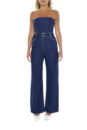 Forever 21 Women's Belted Strapless Jumpsuit, Medium Denim, X-Small | Amazon (US)