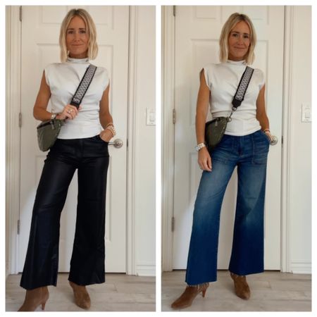 #everevexkut 
@evereveofficial
Fall outfit, Fall style, wide leg denim, bootie
I am in a 00 in both bottoms. They run generously 
They are a soft, light weight denim with stretch. 
High rise, coated denim
Labor Day Sale
On sale

#LTKstyletip #LTKshoecrush #LTKsalealert