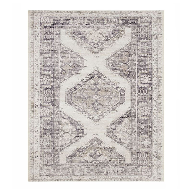 (B829) Grey & White Floral Washable Area Rug, 8x10 | At Home