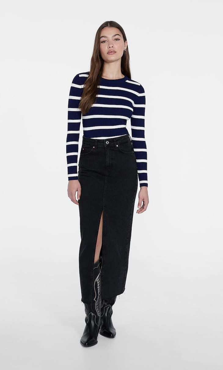 Long denim comfortable skirt - Women's fashion | Stradivarius United Kingdom | Stradivarius (UK)