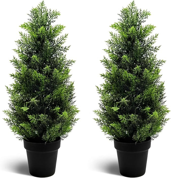 Two 2FT Artificial Cedar Trees, Beautiful and Realistic Fake Potted Trees,Artificial Evergreen Fr... | Amazon (US)