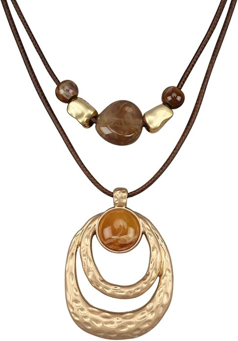 Boho Necklaces for Women Chunky Circle Necklace Layered Boho Circle Leather Choker Necklace Long ... | Amazon (US)