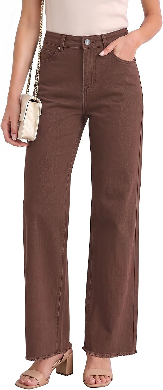 LookbookStore Wide Leg Jeans for Women Trendy High Waisted Straight Leg Frayed Hem Baggy Stretchy Denim Trousers Pants | Amazon (US)
