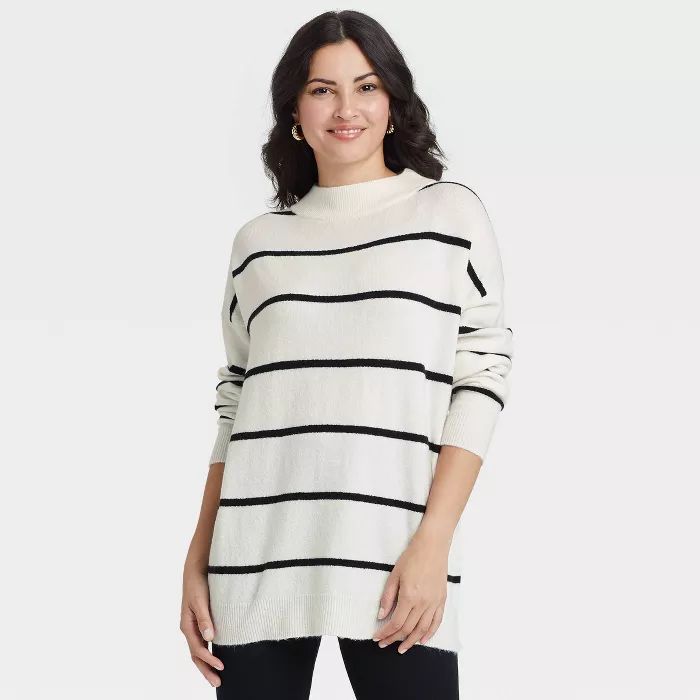 Women&#39;s Slouchy Mock Turtleneck Pullover Sweater - A New Day&#8482; Cream Striped XL | Target