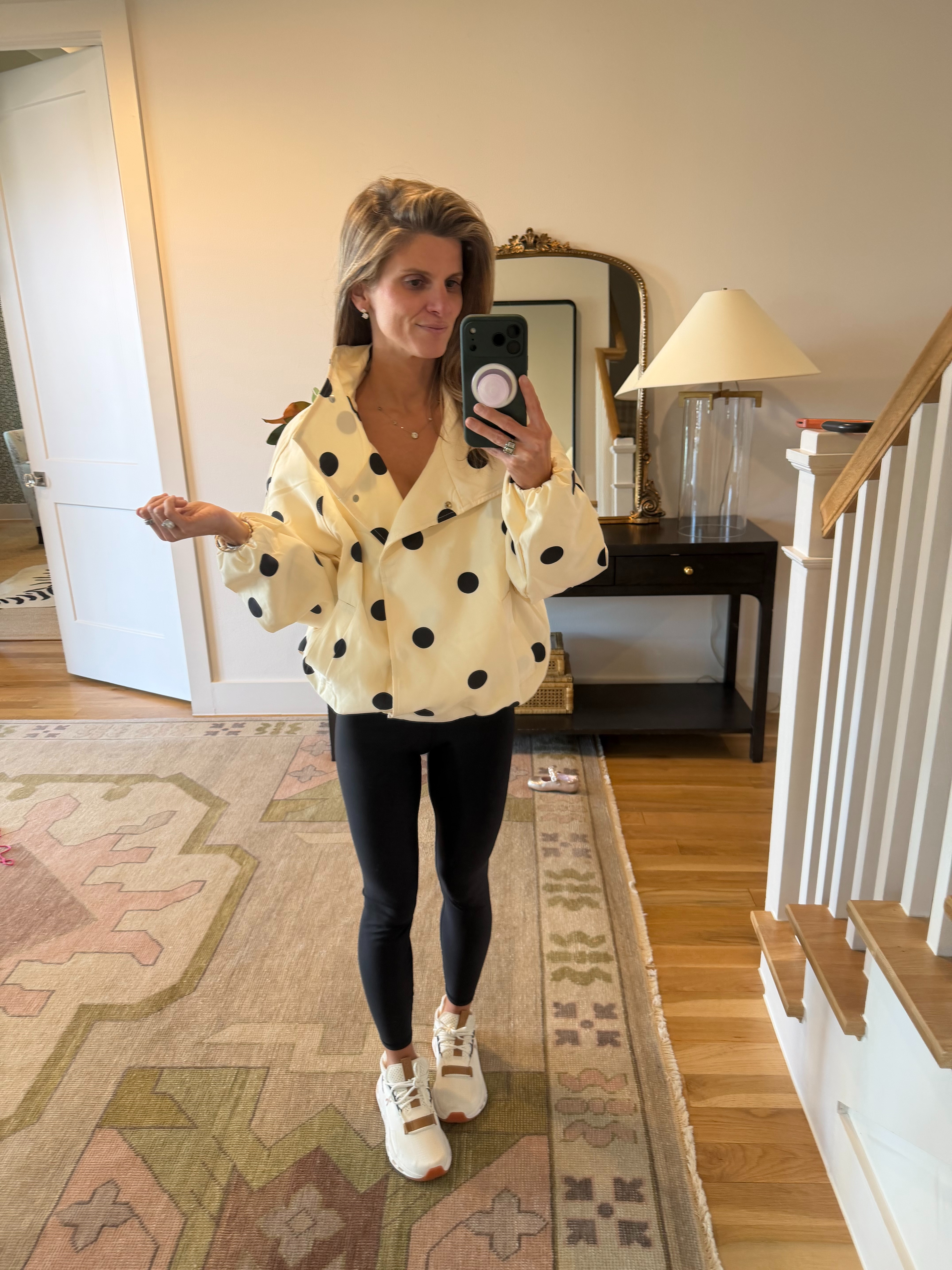 Amazon butterluxe workout set and polka dot funnel neck lightweight jacket 

 