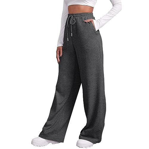 Women's Wide Leg Sweatpants Cozy Fleece Casual Jogger Pants Straight Leg Baggy Elastic High Waisted Yoga Pants with Pockets Grey M | Amazon (US)