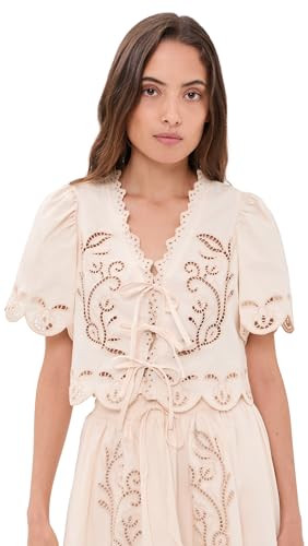 MOON RIVER Women's Short Sleeve Embroidered Eyelet Front Tie Top, Cream, M | Amazon (US)