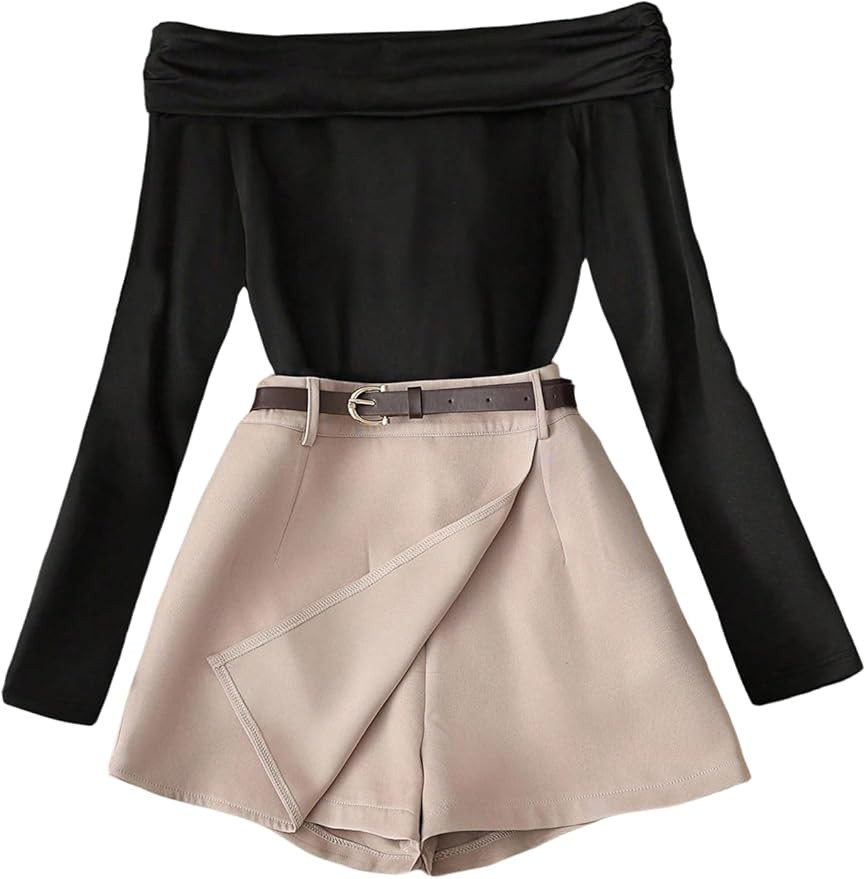 SweatyRocks Women's 2 Piece Dressy Outfits Off The Shoulder Long Sleeve Tees and Shorts Matching ... | Amazon (US)