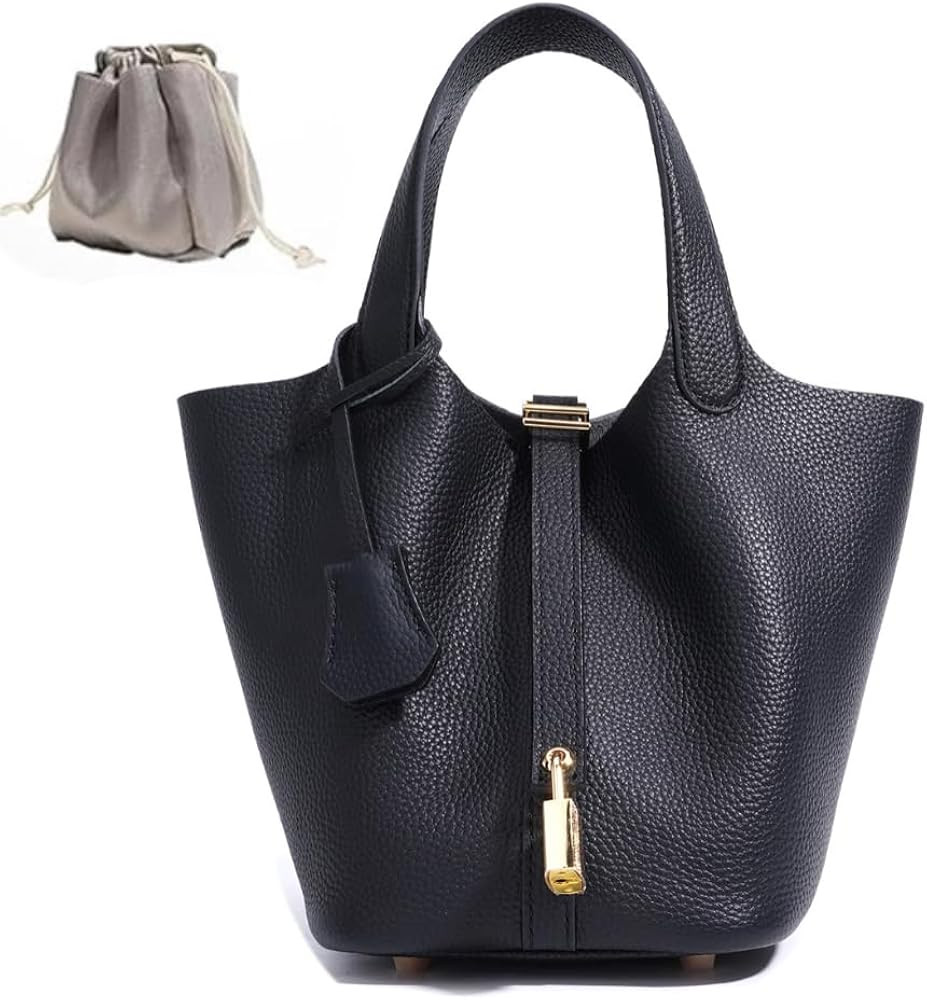Genuine Leather Bucket Bag for Women, Lock Design, Top-Handle Tote, Shoulder Handbag | Amazon (US)