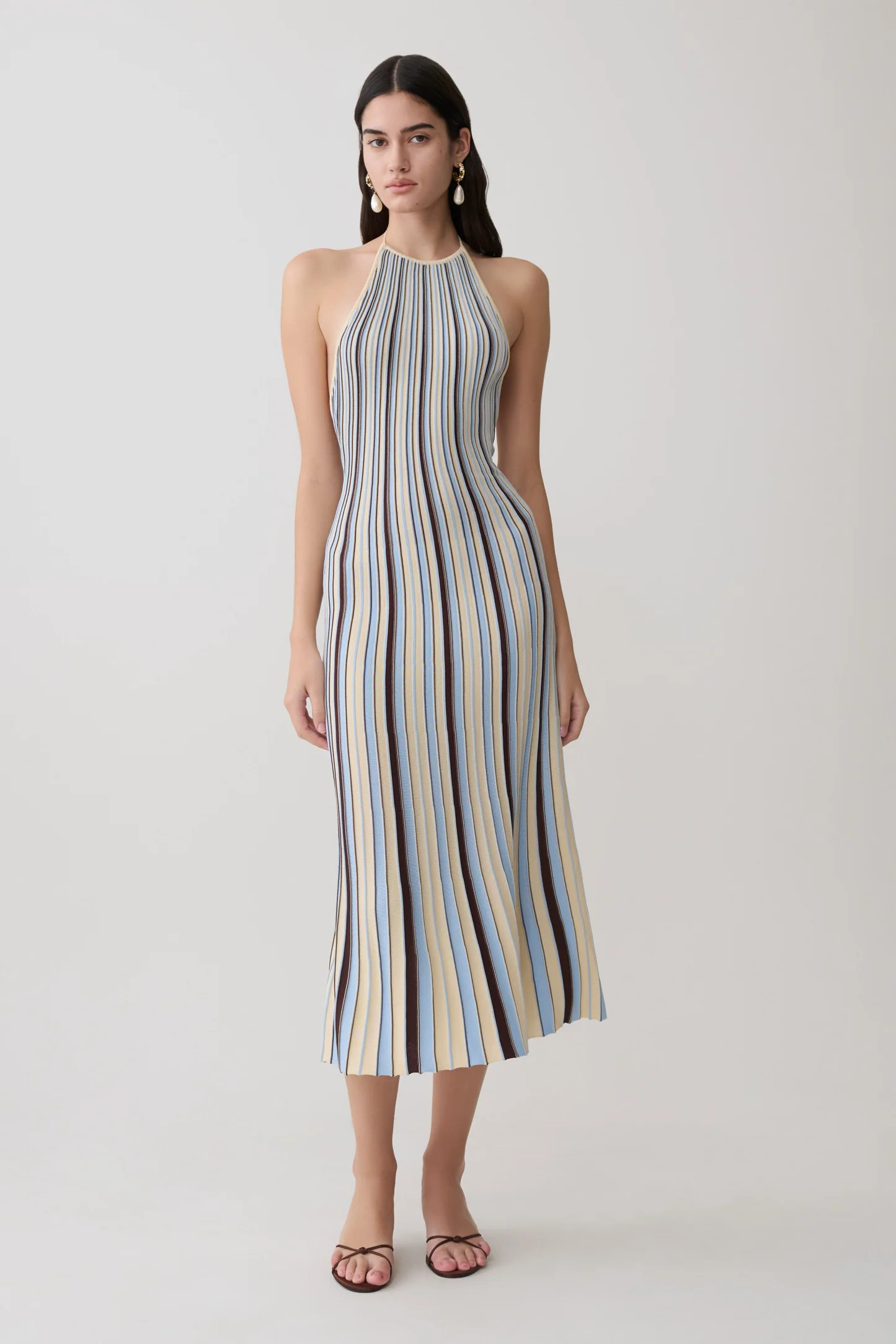 Dalani Halterneck Knit Midi Dress - Blue/Chocolate | MESHKI US
