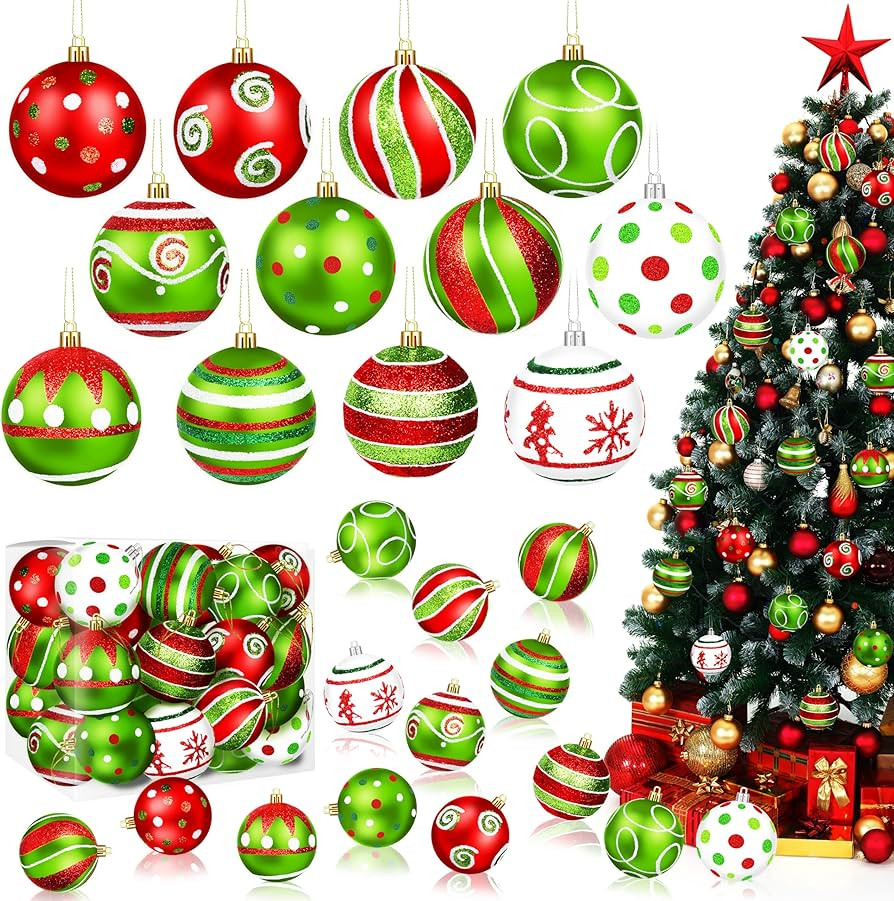 24Pcs Christmas Ball Ornaments Red Green White Shatterproof Christmas Tree Decorations 2.4 Inch G... | Amazon (US)