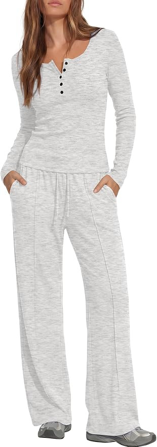 Darong Womens 2 Piece Matching Lounge Sets Travel Outfits | Long sleeve henley shirts,ribbed knit... | Amazon (US)