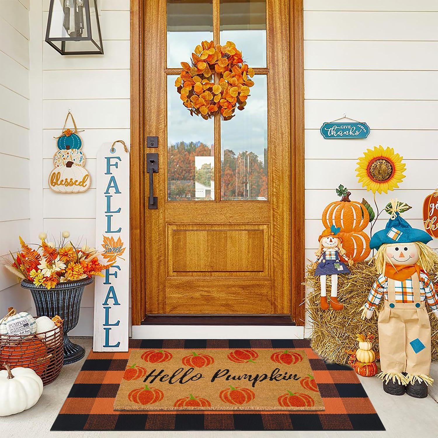 Fall Door Mat Combo Set, Hello Pumpkin Coco Coir Welcome Doormat + 28" x 43" Orange and Black Plaid Rug, Autumn Thanksgiving Front Porch Entryway Decor Floor Mats | Amazon (US)
