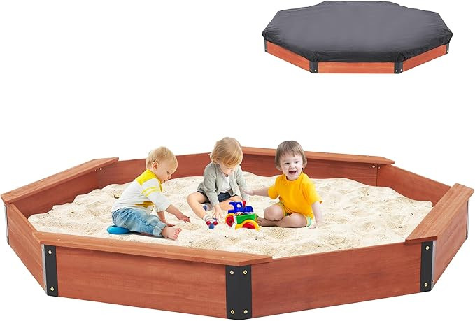 85''x78''x9'' Wooden Octagon Sandbox with Cover, Large Sandpit for Kids Outdoor Patio Backyard Pl... | Amazon (US)