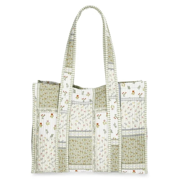No Boundaries Quilted Tote Bag, Women's, Green Patchwork/Stripe | Walmart (US)