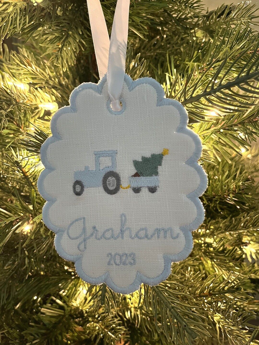 Tractor Custom Embroidered Scallop Christmas Ornament - Etsy | Etsy (US)