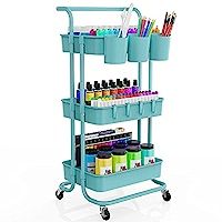 LEHOM 3-Tier Rolling Utility Cart with Hanging Cups & Hooks & Handle, Multifunctional Art Cart Or... | Amazon (US)