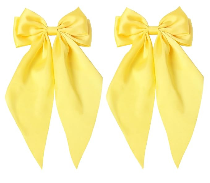 Furling Pompoms Hair Bows for Women - Pack of 2 Yellow Hair Bow Clips for Girls Satin Big Bows Lo... | Amazon (US)