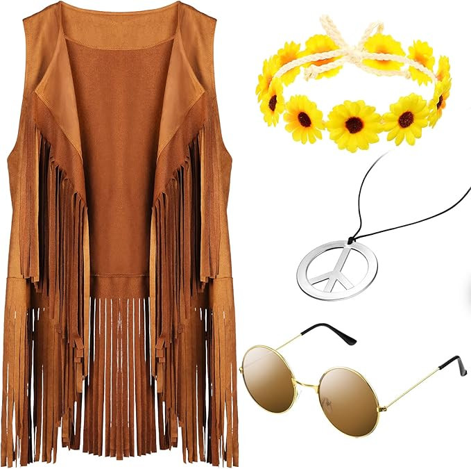 4 Pieces 60s 70s Women Hippie Costume Set Fringe Vest with Faux Tassels Sunflower Hairband Peace ... | Amazon (US)