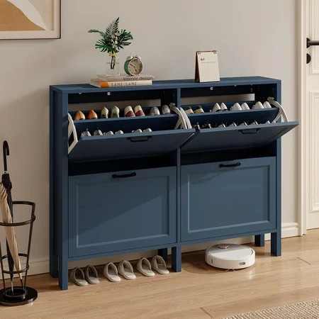 MorandiMalShoe Cabinet with 2 Flip Drawers, Narrow Shoe Storage Cabinet, Freestanding Shoe Cabinet Organizer, Hidden Shoe Rack Cabinet for Entryway, Hallway (4-Drawers, Blue) | Walmart (US)