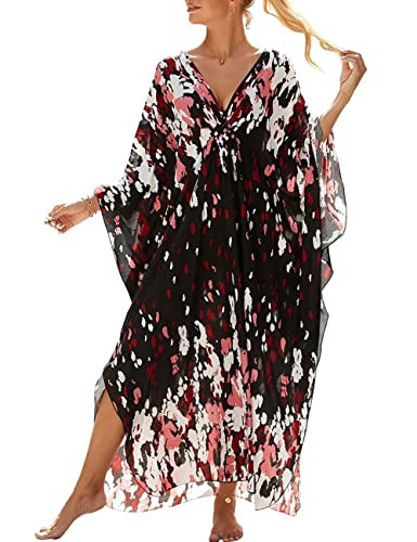 Bsubseach Kaftan Dresses for Women V Neck Plus Size Caftans Swimwear Coverups Long Caftan Beach Dress 2025 Summer Loungewear Red Black Flowers | Amazon (US)