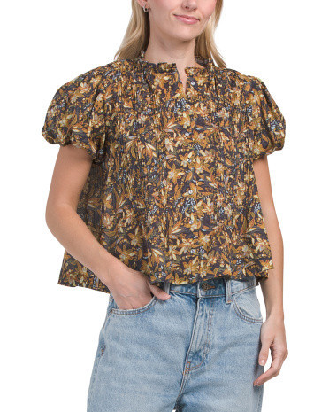 Organic Cotton Floral Printed Puffed Short Sleeve Woven Blouse | TJ Maxx