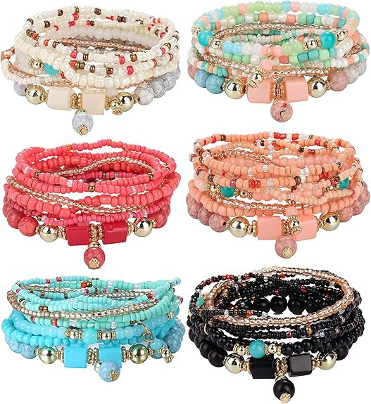Udalyn 6 Sets Bohemian Stackable Bead Bracelets for Women Men Multilayered Bracelet Set Pendant C... | Amazon (US)