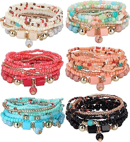 Udalyn 6 Sets Bohemian Stackable Bead Bracelets for Women Men Multilayered Bracelet Set Pendant C... | Amazon (US)