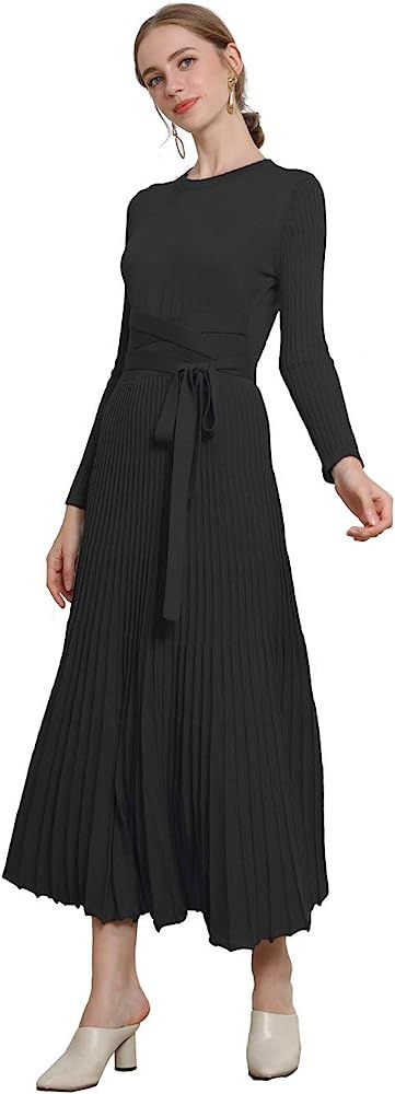 FINCATI Long Sweater Dress Autumn Winter Cashmere Belt Fitted Waist Big Swing Flared Calf Length ... | Amazon (US)