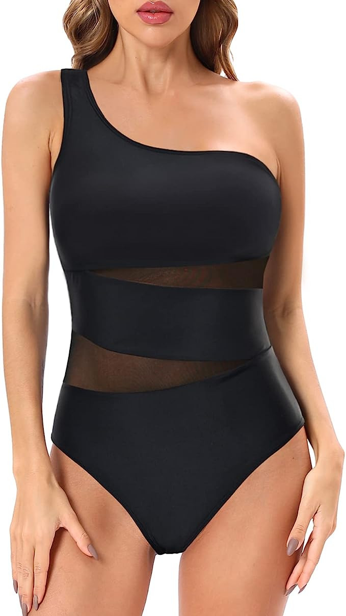 Tempt Me Women One Shoulder One Piece Swimsuits Full Coverage Cutout Mesh Sexy Bathing Suits Tumm... | Amazon (US)