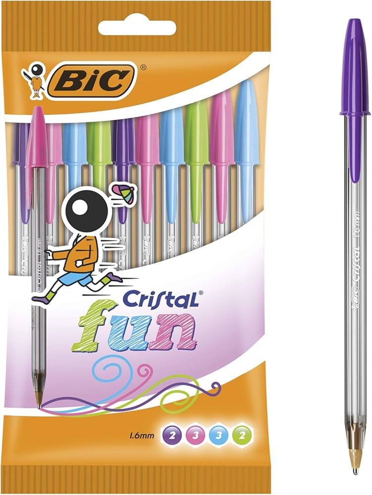 BIC Cristal Fun Ballpoint Pens with 5 Assorted Ink Colours, Wide Point (1.6 mm), Pack of 10 | Amazon (UK)