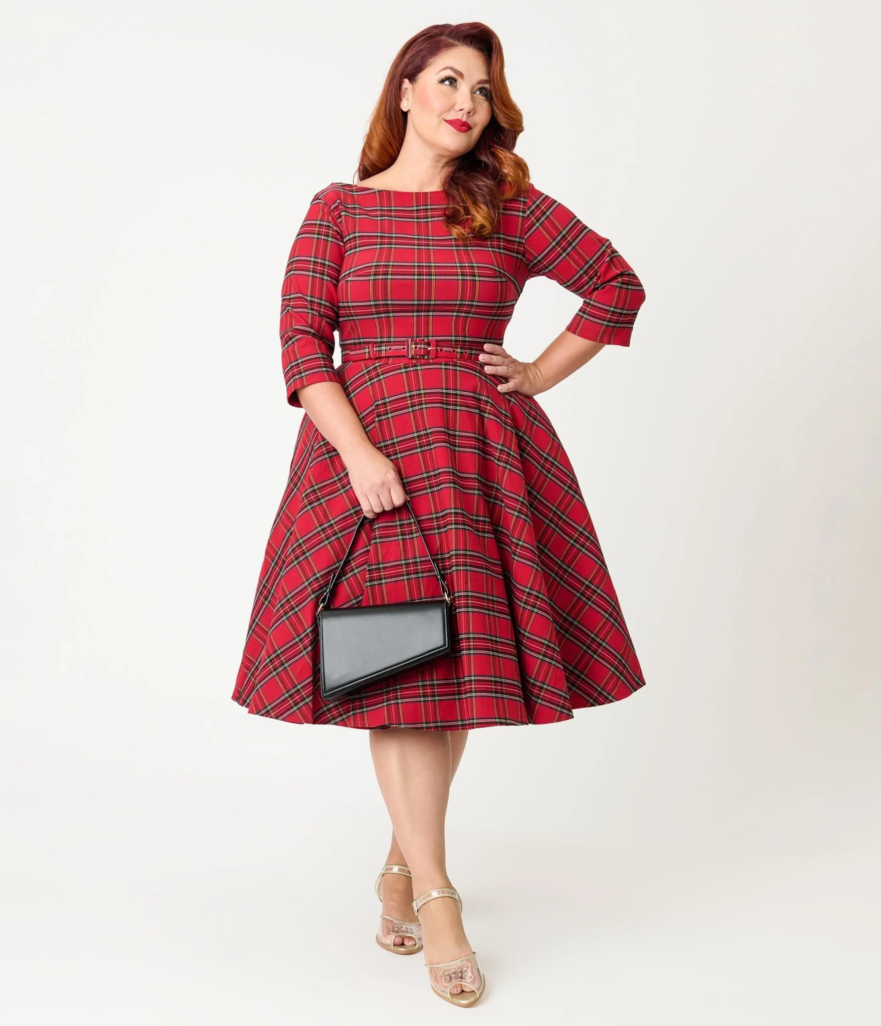 Unique Vintage Plus Size Red Plaid Sleeved Devon Swing Dress | UniqueVintage