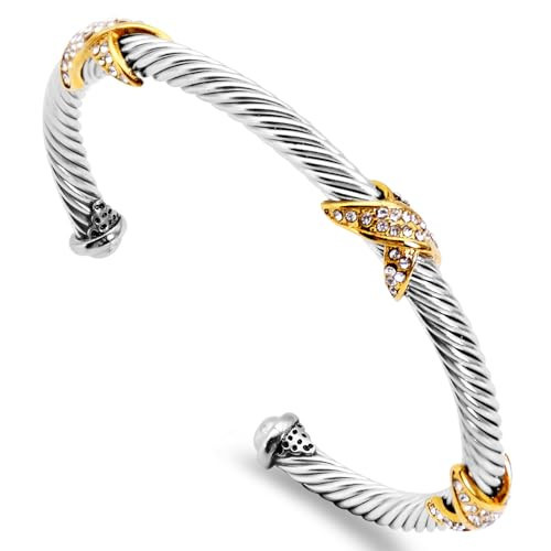 Twisted Cable Bracelets for Women Adjustable 5mm Thin Stainless Steel Cuff Bangle Designer Inspired david+yurman bracelet Christmas Day Gifts (C Silver & Gold) | Amazon (US)