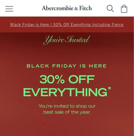 Abercrombie Black Friday Sales
30% Off 

#LTKSeasonal #LTKGiftGuide #LTKHoliday