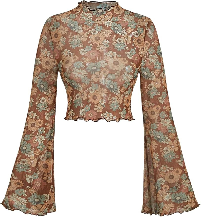 Verdusa Women's Bell Sleeve Lettuce Trim Mock Neck Floral Mesh Top Crop T Shirt | Amazon (US)