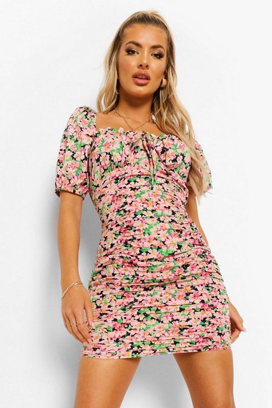 Floral Ruched Front Tie Detail Mini Dress | Boohoo.com (US & CA)