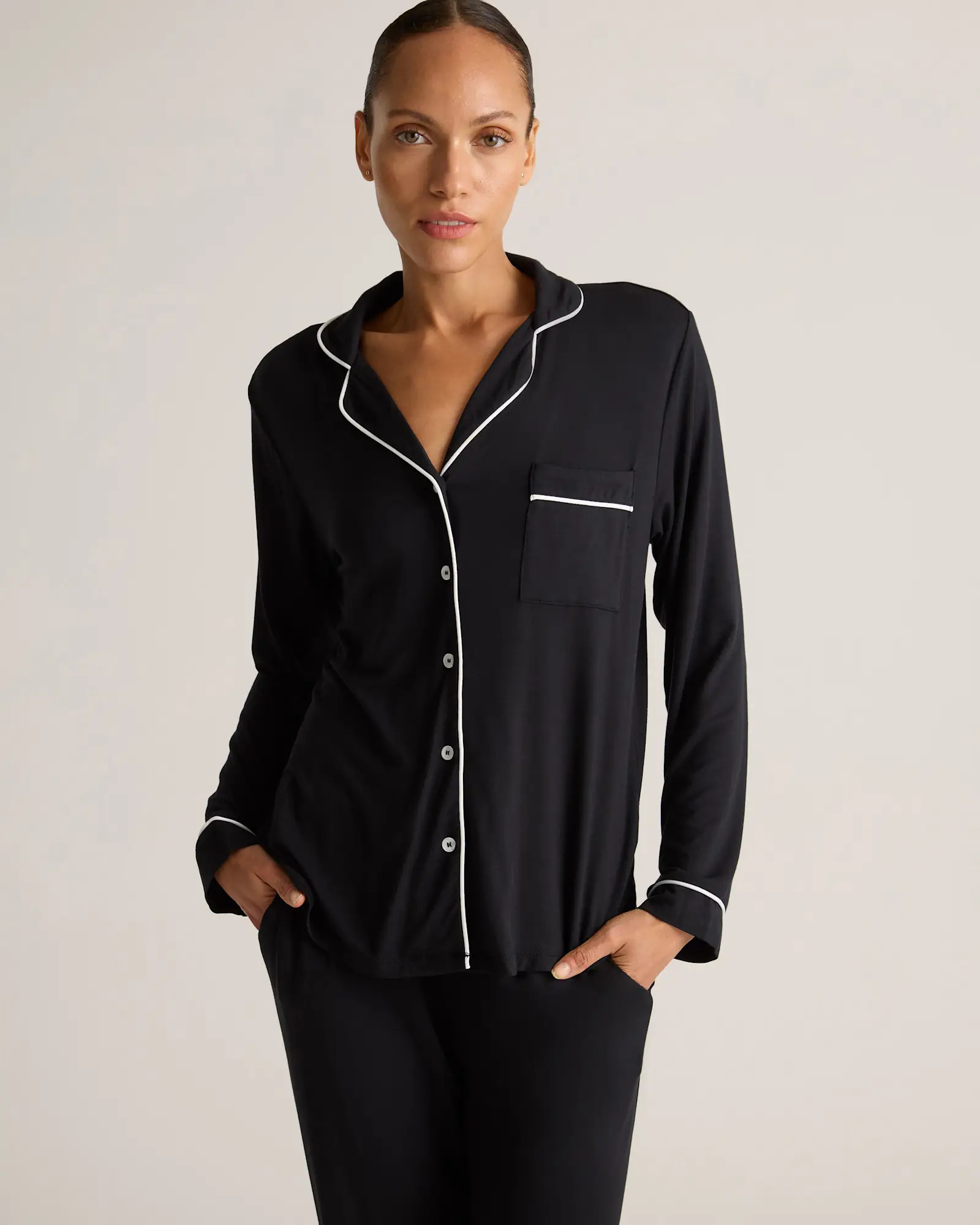 Bamboo Jersey Long Sleeve Pajama Set in True Black | Quince