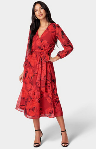 bebe Women's Printed Wrap Midi Dress - Macy's | Macy's