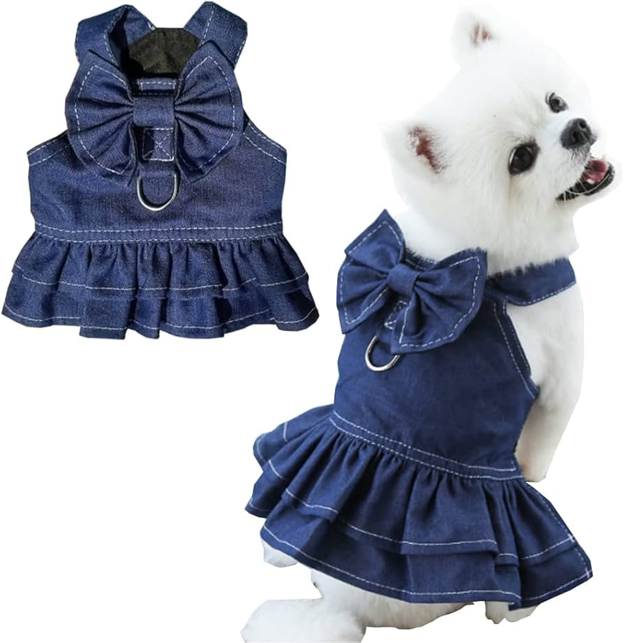 ANIAC Denim Dog Dresses for Small Dogs Puppy Girl Clothes with Leash Ring and Cute Bow Knot Summe... | Amazon (US)
