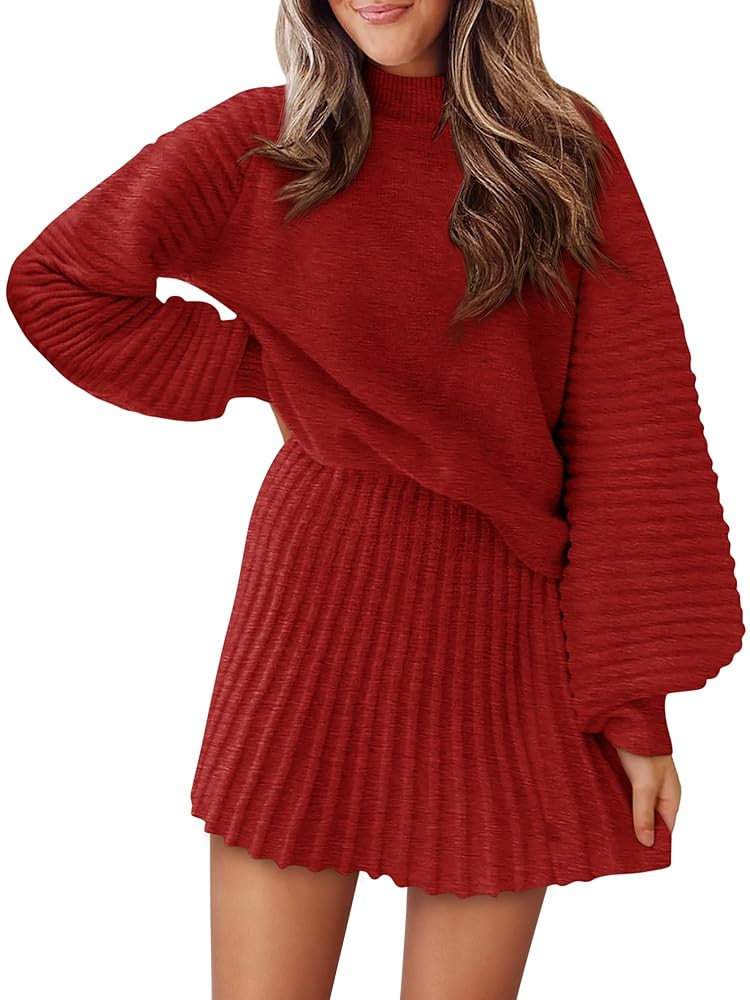 Womens 2 Piece Skirt Sets Fall Fashion 2025 Mock Neck Ribbed Knit Sweaters And Mini Skirt Two Pie... | Amazon (US)