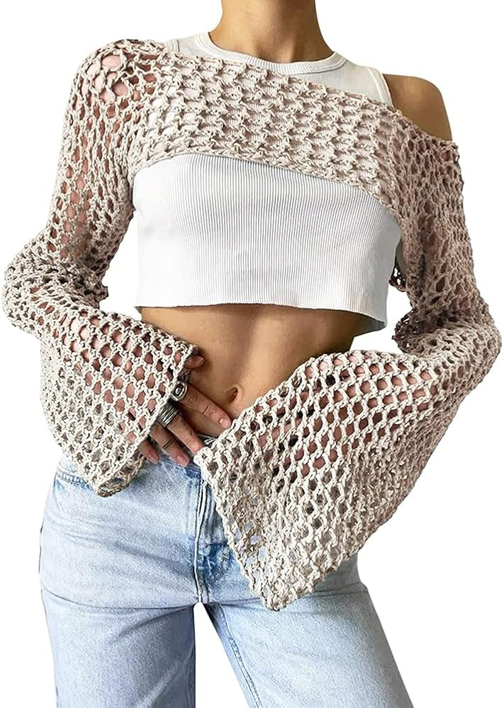 KEOMUD Women Mesh Crochet Crop Top Long Sleeve Hollow Out Cropped Knit Sweater Bikini Beach See T... | Amazon (US)