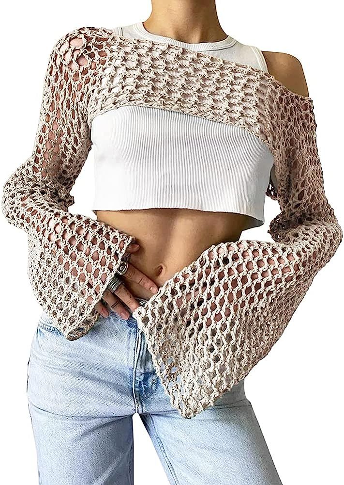 KEOMUD Women Mesh Crochet Crop Top Long Sleeve Hollow Out Cropped Knit Sweater Bikini Beach See T... | Amazon (US)