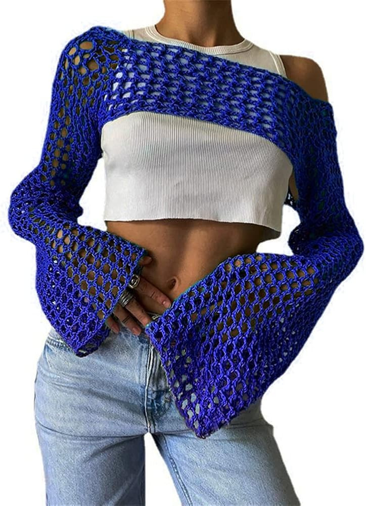 KEOMUD Women Mesh Crochet Crop Top Long Sleeve Hollow Out Cropped Knit Sweater Bikini Beach See T... | Amazon (US)
