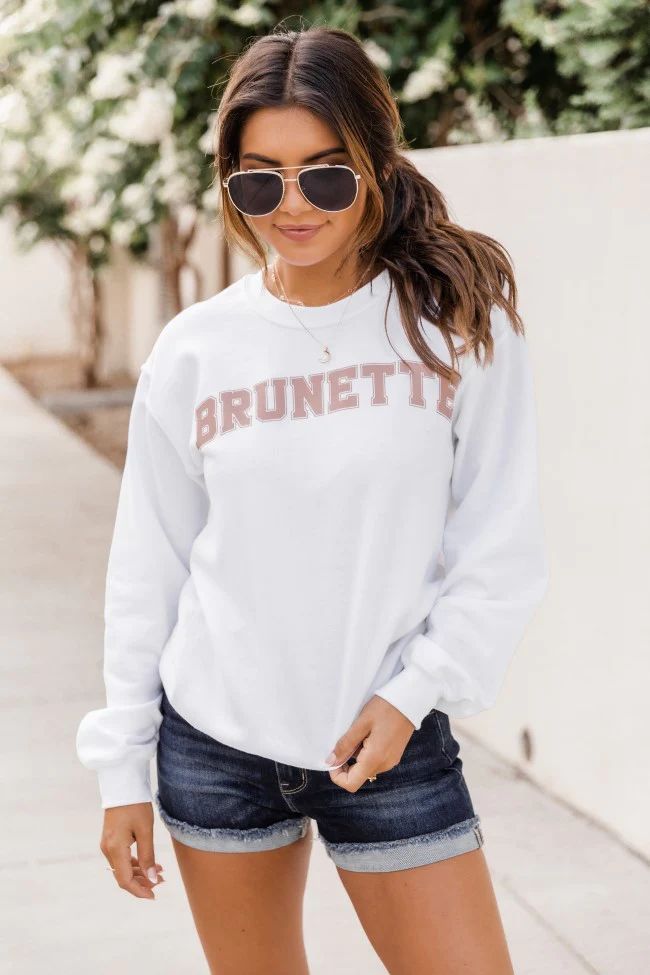 Brunette Varsity Graphic White Sweatshirt | The Pink Lily Boutique