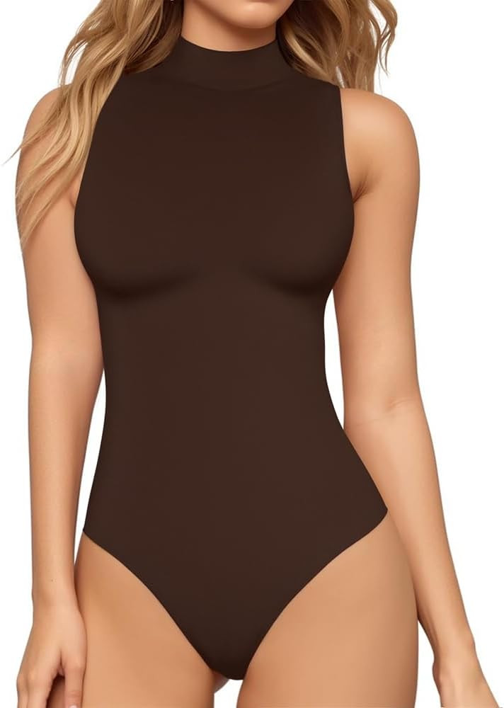 MANGOPOP Women's Mock Turtle Neck Long Sleeve Sleeveless Tank Tops Bodysuit Jumpsuit | Amazon (US)
