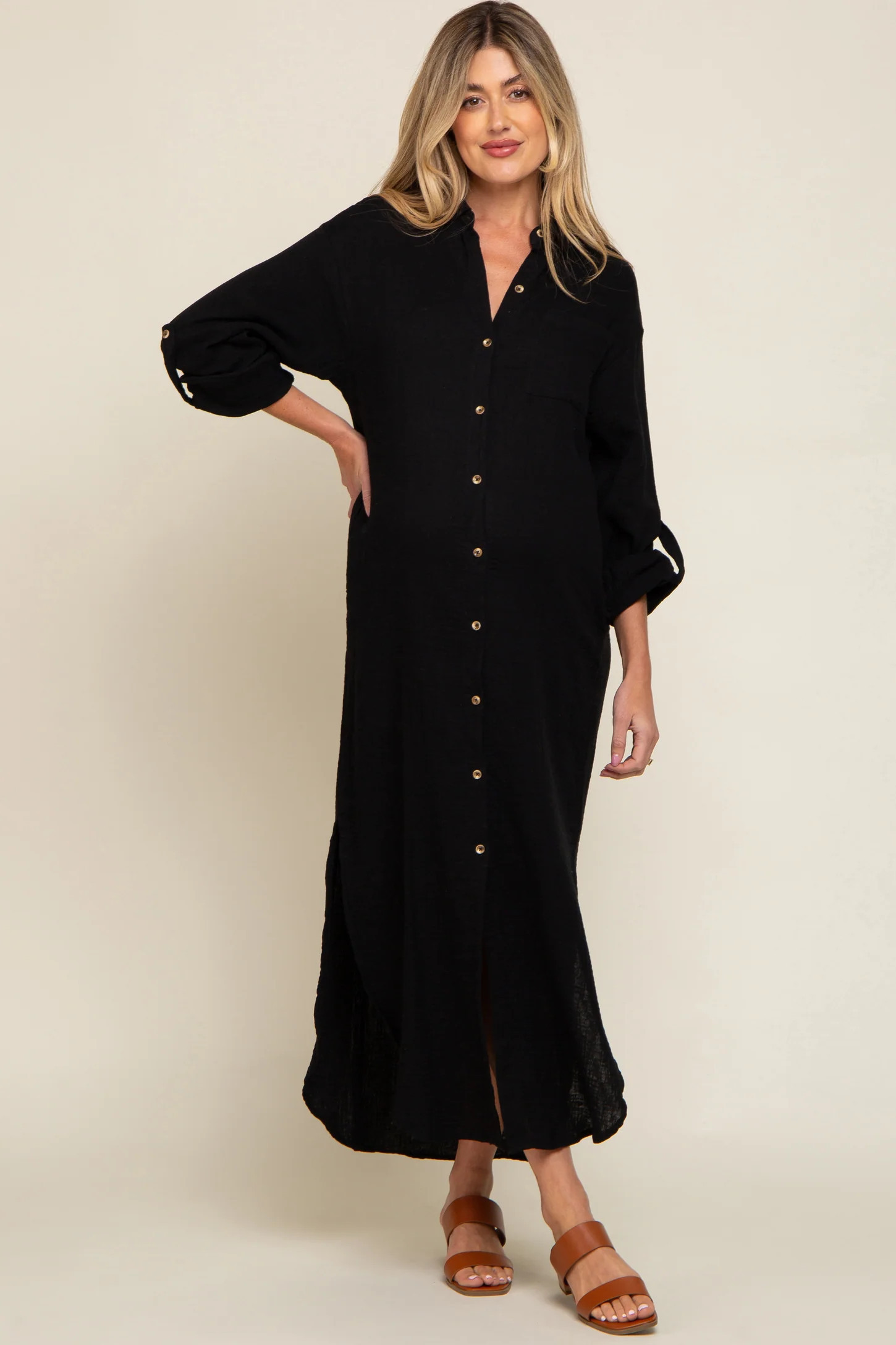 Black Button Down 3/4 Sleeve Maternity Midi Dress | PinkBlush Maternity